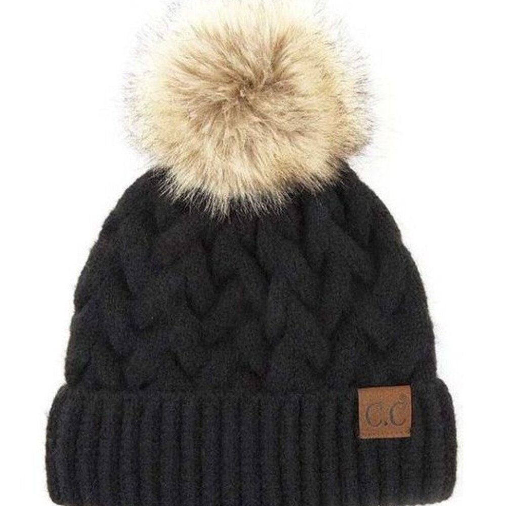 Chunky Braid Pom Pom Beanie - Black